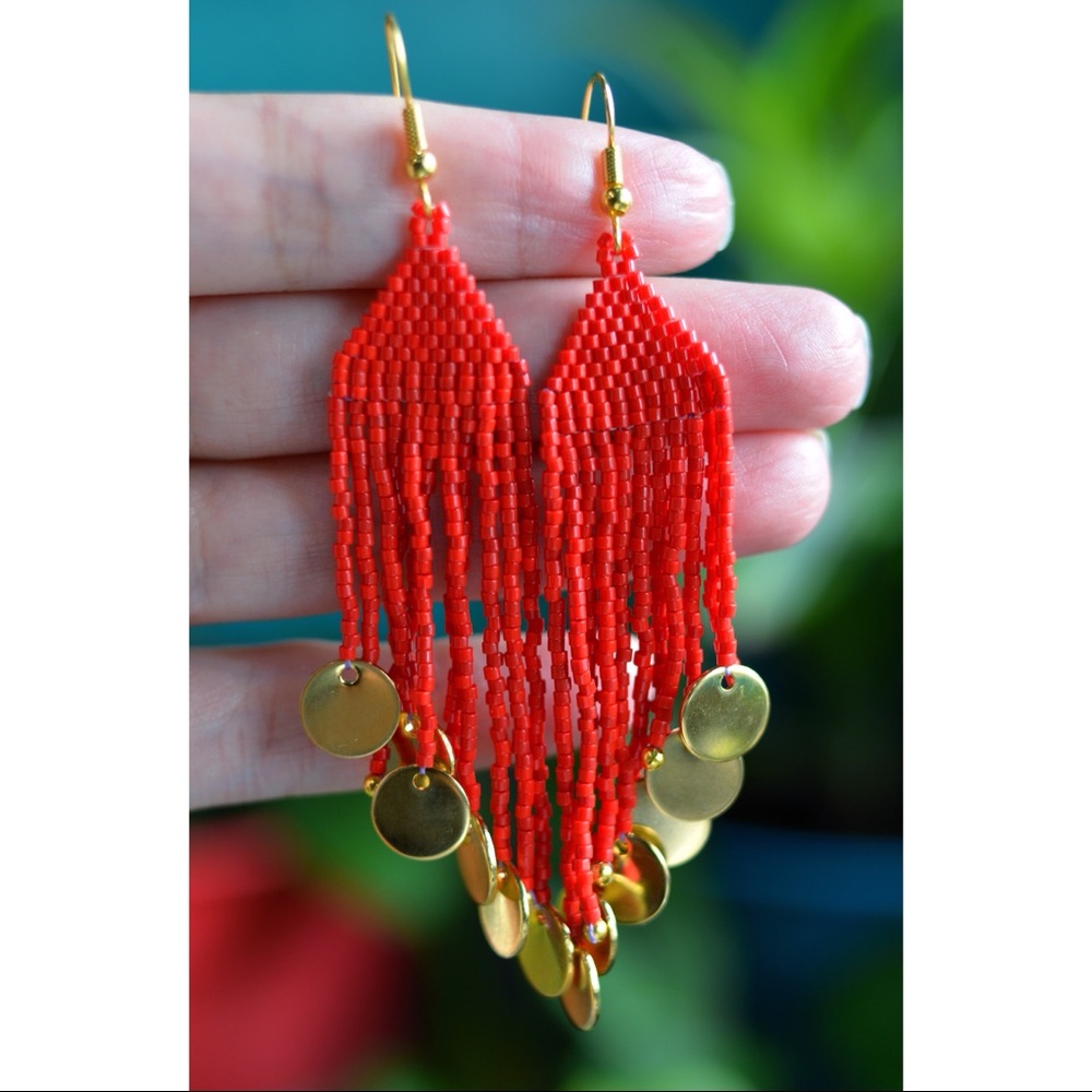 MIYUKI hand beaded earrings, dangly, red and gold